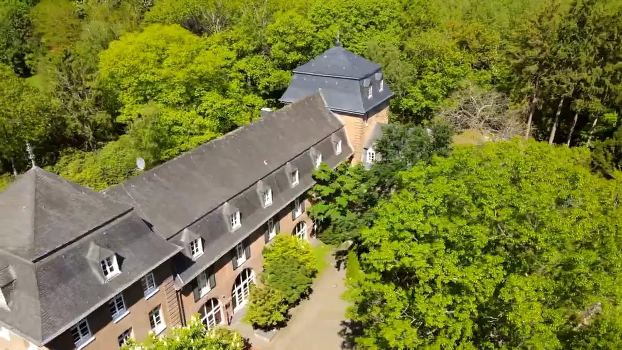 Luftaufnahme von Schloss Dilborn mit Schlossflügel, Turm und Park