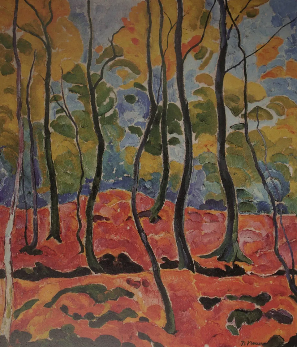 Gemälde Herbstwald von Heinrich Nauen, leuchtende Buchenstämme in Orange und Blau