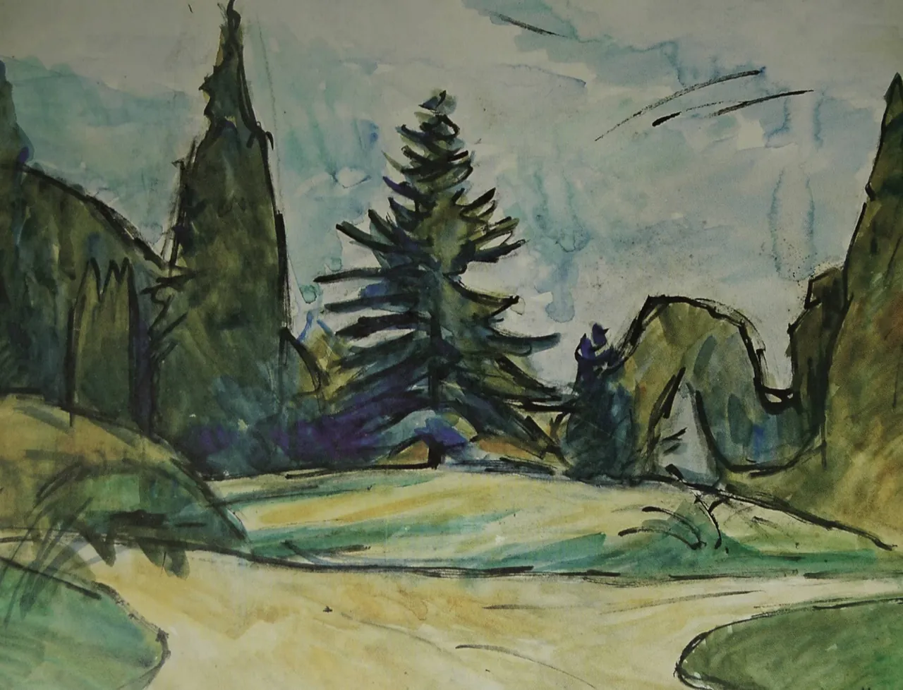 Gemälde Park Dilborn von Marie von Malachowski, Bäume und Wiese in kräftigen Farben